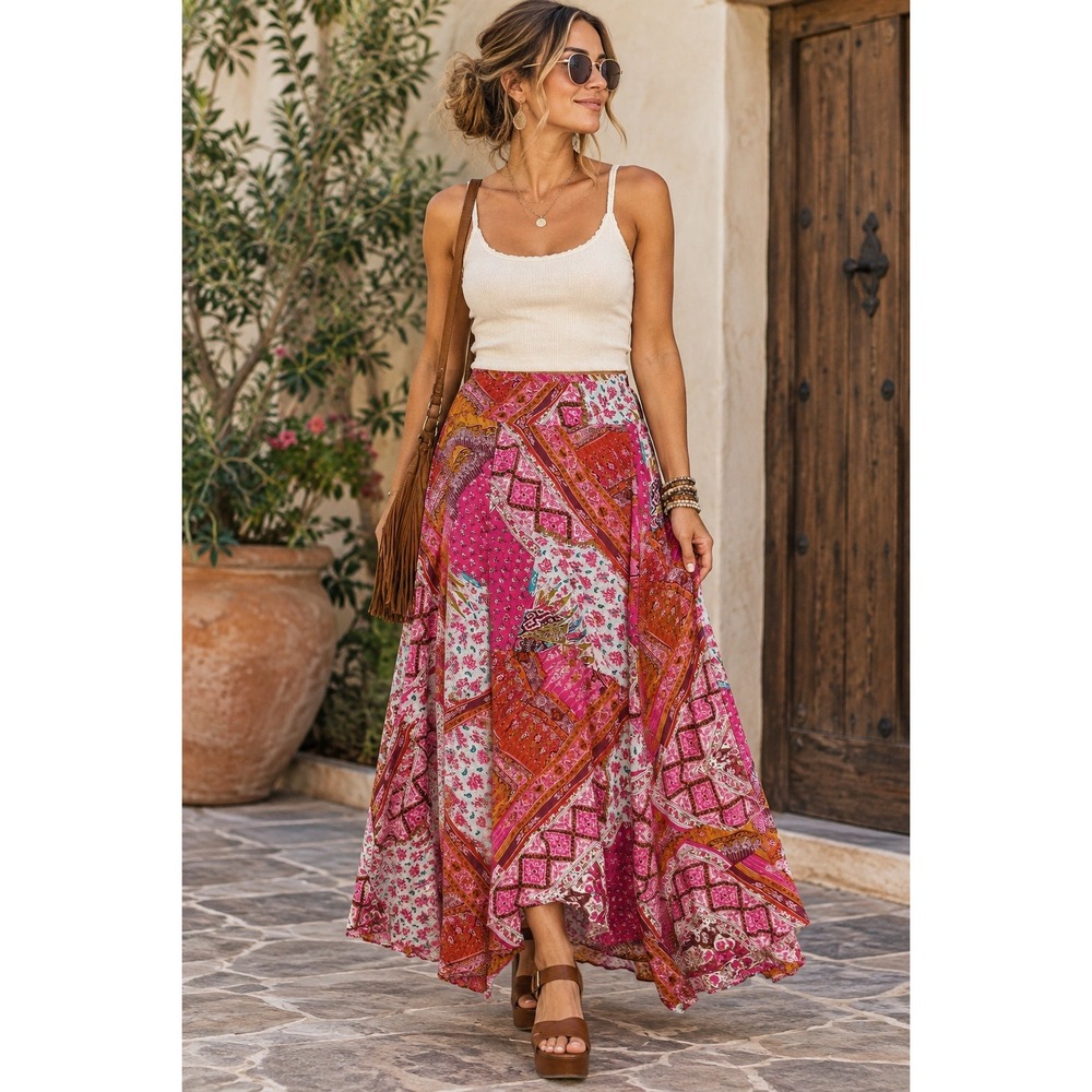 Dana Buchman Skirt Womens 10 Pink Patchwork Silk Maxi Boho Artsy Romantic